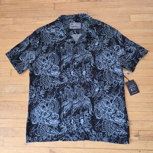 Brooklyn Cloth Koi Dragons 100% Rayon Button-Down Black/Blue Shirt Size L